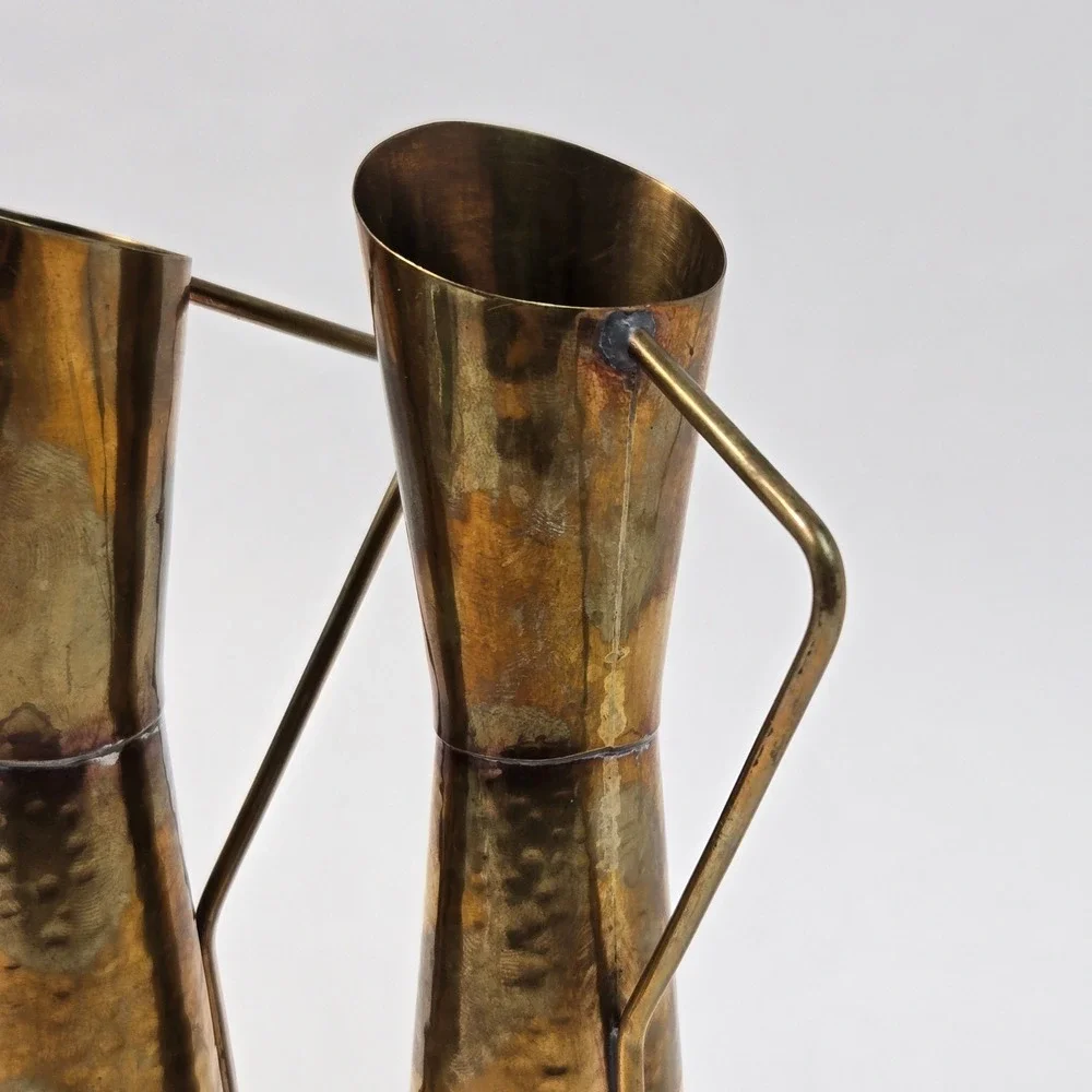 Vintage Hammered Brass Pitcher Pair Mid Century Modern Decorative Vases 7.5in